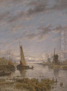 Dutch canal with sailing boats by Remigius Adrianus Haanen