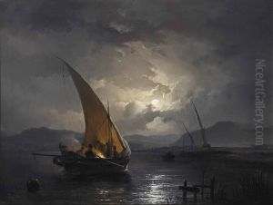 A night landscape with a sailboat where a fire is being lit by Remigius Adrianus Haanen