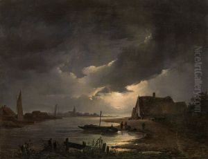 River landscape by moonlight by Remigius Adrianus Haanen