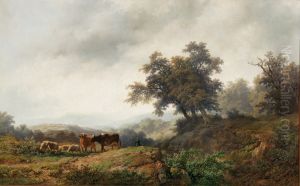 Open Landscape with Cows and Herdsman by Remigius Adrianus Haanen