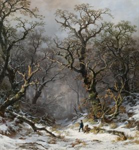 Hunters in the forest in winter by Remigius Adrianus Haanen