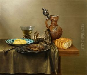 Still life of smoked herring, bread, berkemeyer, tazza, and stoneware jug, 1646