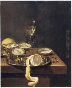 Still life of peeled lemon with chestnuts on a pewter dish, with oysters, wine glass and another lemon, on a table by Jan Jansz van de Velde