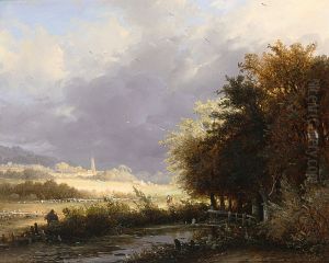 Figures on a country road, a storm approaching by Remigius Adrianus Haanen