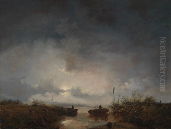Fishermen in a moonlit night - view 1