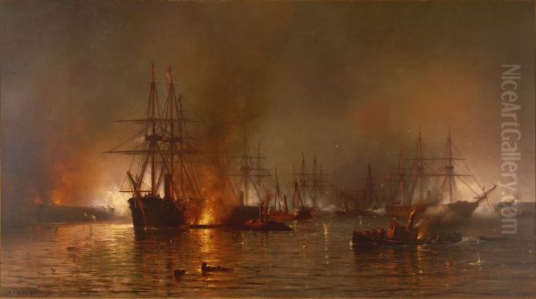 Farragut's Fleet passing the Forts below New Orleans - view 1