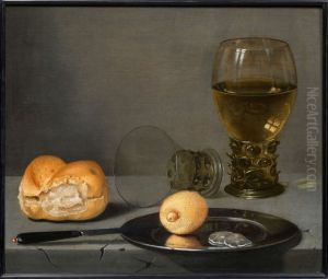 A Still Life of a Roemer, plate, lemon and bread on a table
