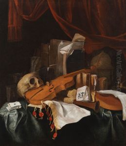 Vanitas still life with a skull, a violin, a cittern, playing cards, books, a globe and other objects on a draped table by Jacques de Claeuw