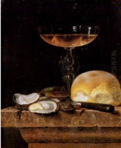 Stilleven met een Venetiaans glas, oesters en een broodje