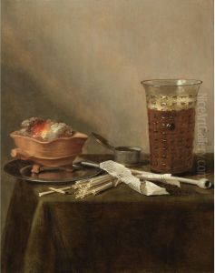 Still life with a brazier, a glass of beer and a clay pipe