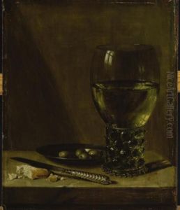 Still life with rummer, tin plate with olives, a knife and bread, on a table without cloth