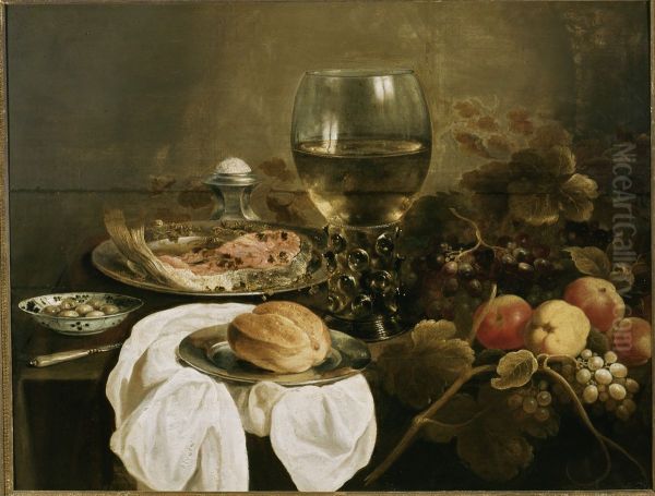 Still life with roemer, bread, fruit and salmon - view 1