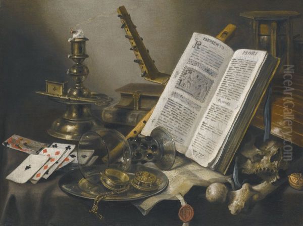 Vanitas still life with a book, a glass roemer, a skull, a lute, a pack of cards and piece of parchment on a table - view 1