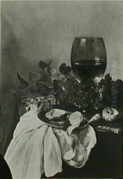 Still life with roemer, oyster, lemon and porcelain bowl of strawberries - view 1