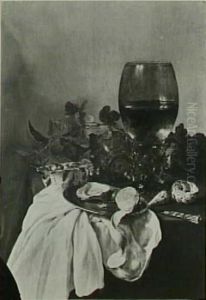 Still life with roemer, oyster, lemon and porcelain bowl of strawberries by Pieter Claesz