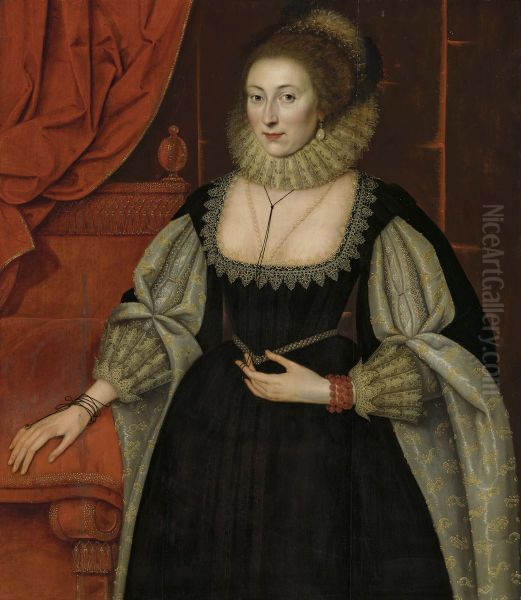Portrait of a lady, three-quarter-length, in a black dress with slashed sleeves - view 1