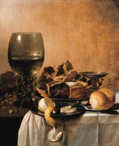 Still life with roemer, tazza, pie, lemon, pewter plates, grapes on the vine, bread and a knife by Pieter Claesz