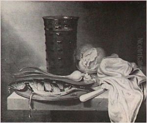 Still life with herring, onion, bread, and glass of beer by Maerten Boelema De Stomme
