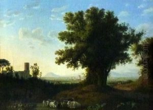 Heimkehrende Langhornrinder in der Romischen Campagna. Abendstimmung