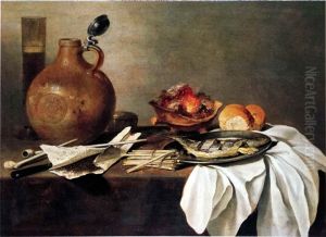 Still life with herring, smoking equipment, stone jug and beer glass by Cornelis Kruys