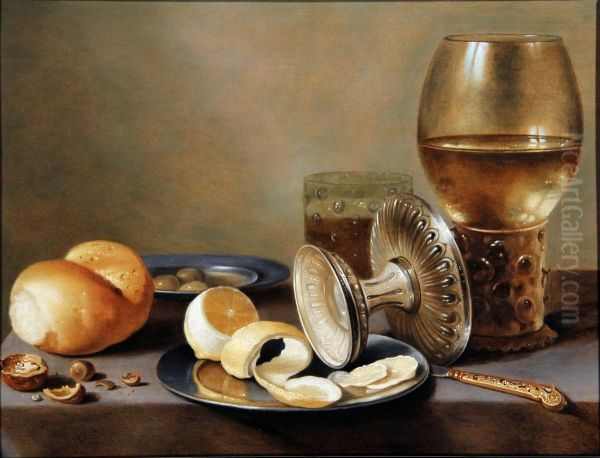 Monochrome Banketje with two pewter dishes, an overturned silver tazza, a gilt knife, a glass with beer, a rummer with wine, a roll of bread, nuts, olivers and a half peeled lemon - view 1