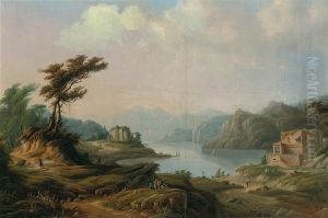 Travellers by a ruined villa beside a lake