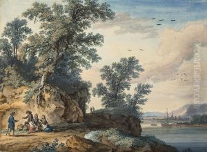 Reisende rasten neben einem Fluss, mit einer Stadt im HintergrundTravellers resting beside a river, with a towntitle QS:P1476,de:"Reisende rasten neben einem Fluss, mit einer Stadt im Hintergrund" by Jacob Philipp Hackert