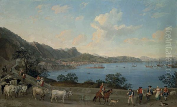 The Port of Salerno from Vietri, with herdsmen and other figures in the foreground, with the Castello di Arechi beyond and shipping vessels in the bay - view 1