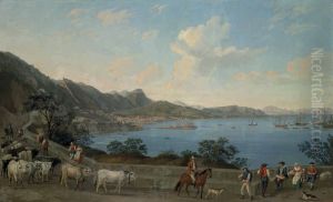 The Port of Salerno from Vietri, with herdsmen and other figures in the foreground, with the Castello di Arechi beyond and shipping vessels in the bay The Port of Salerno from Vietri, with herdsmen and other figures in the foreground, with the Castello di Arechi beyond and shipping vessels in the bay