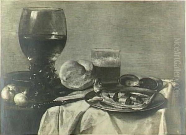 Still life with a herring, bread, onions and glasses - view 1