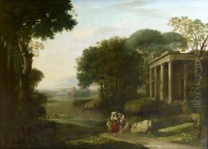 A shepherd and shepherdesses in an Italianate landscape, with ruins and a walled city in the distance