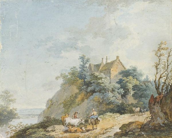Peasants with a herd of cows on a path - view 1