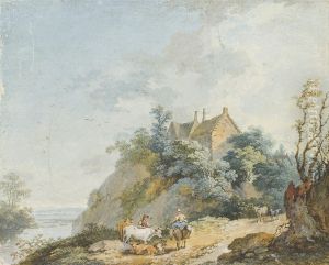 Peasants with a herd of cows on a path by Johann Gottlieb Hackert
