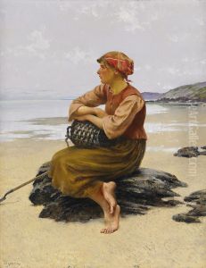 Sittande ostronplockerska pa stranden by August Hagborg