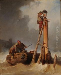 Sailors lighting fires at the entrance to a port thumbnail