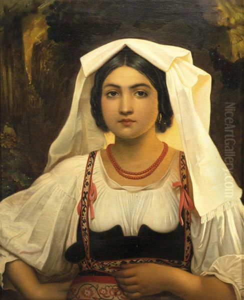 Half-portrait of a young Italian woman in traditional costume in front of grape arbor - view 1