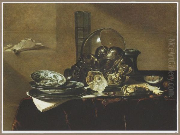 Still life with a roemer, a beer glass, a silver tazza on its side, a salt cellar and porcelain - view 1