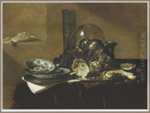Still life with a roemer, a beer glass, a silver tazza on its side, a salt cellar and porcelain by Jan Treck