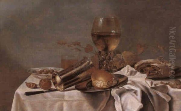 Still life with roemer and pie on a draped table - view 1
