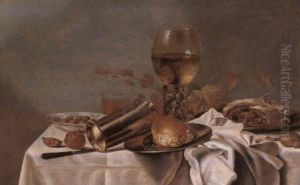 Still life with roemer and pie on a draped table