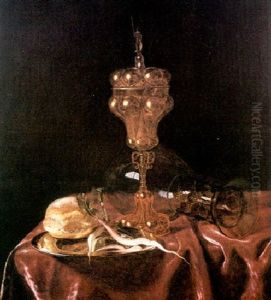 Still life with roemer and columbine cup with a bread roll