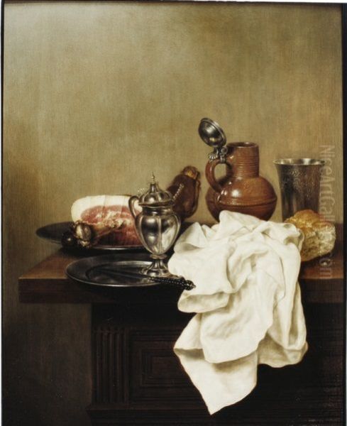 Still life with a ham, an earthenware jug and a silver cup - view 1