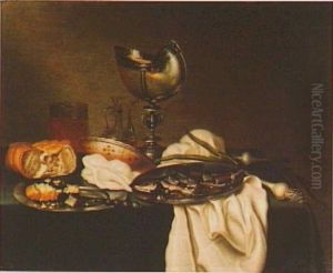 Still life with nautilus cup, herring, onion, and bread by Maerten Boelema De Stomme
