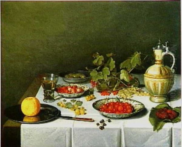 Stilleven met bessen, bramen en ander fruit in porseleinen schaaltjes, glazen en schenkkan op wit servet - view 1