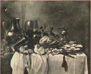 Stilleven met gebraden kip, schaal met oesters, zoutvat en grote roemer op een donker kleed met wit servet