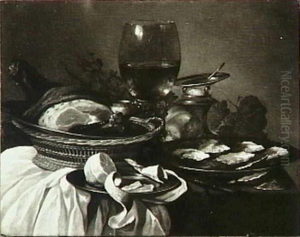 Stilleven met oesters, ham, geschilde citroen, zoutvat, roemer en tenen mandje - view 1