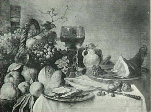 Still life with fruit, oysters, ham and bread - view 1