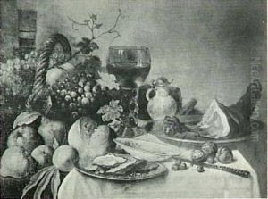Still life with fruit, oysters, ham and bread