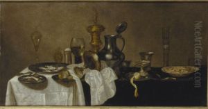 Still life with precious cups and glasses, shrimps and oyster on a partially draped table by Cornelis Mahu