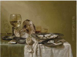 Still life with an overturned tazza and oysters by Willem Claesz. Heda